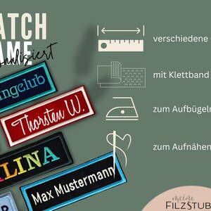 Könnte beinhalten: Personalisierte Namensaufnäher in verschiedenen Farben, darunter Blau, Rot, Gelb und Schwarz. Die rechteckigen Aufnäher können individuell gestaltet werden. Befestigungsoptionen: Klettverschluss, zum Aufbügeln oder zum Aufnähen.