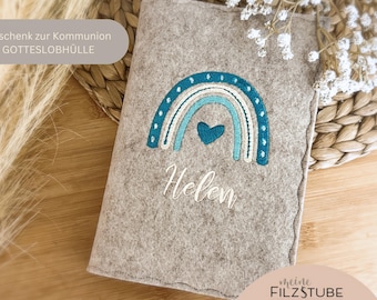 Personalisierte Gotteslobhülle aus Filz mit Name und Regenbogen Kommuniongeschenk Mädchen Junge  Hülle für evangelisches Gesangbuch