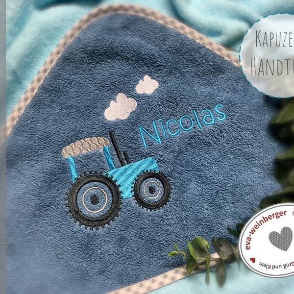 Kapuzenhandtuch ,mit Name und Traktor Babybadetuch Handtuch Badetuch Geschenk Taufe Geburt  Traktor  Name Trecker