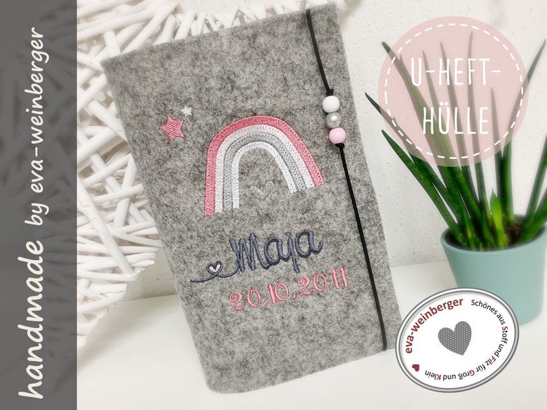 U-stitch sleeve with name rainbow for boy and girl made of felt in many colors customizable baby gift for baptism or birth