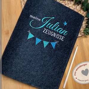 Zeugnismappe Wimpelkette Filz mit Name personalisiert Geschenk Schule Einschulung Schulanfang Zeugnisordner für Zeugnisse Junge Mädchen