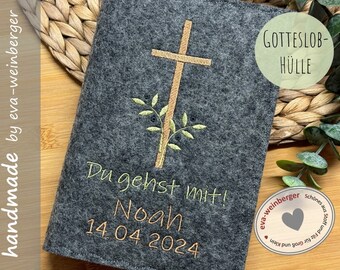 Gotteslobhülle mit Name Kreuz Olivenzweigen personalisiert Gotteslobumschlag Hülle Filz  "Du gehst mit" Name Geschenk Kommunion Firmung