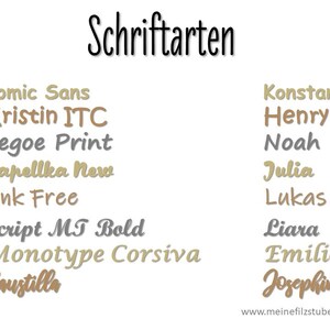 May include: A list of fonts in different colours, including Comic Sans, Kristin ITC, Segoe Print, Kapellka New, Ink Free, Script MT Bold, Monotype Corsiva, Raustilla, Konstantin, Henry, Noah, Julia, Lukas, Liara, Emilie, and Josephine. The text "Schriftarten" is at the top of the image, and the text "www.meinefilzstube.de" is at the bottom of the image.