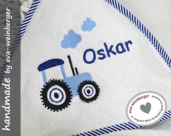 hooded towel gift babyparty new born babyshower baptism personalized name tractor