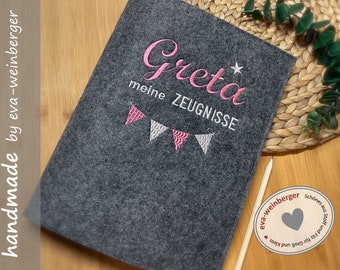 Zeugnismappe A4 Wimpelkette Filz mit Name personalisiert Geschenk Einschulung Schulanfang Zeugnisordner Kinder für Zeugnisse Junge Mädchen