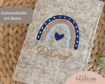 Gotteslobhülle mit Name und Regenbogen Filz personalisiert Gesangbuchhülle Geschenk zur Kommunion Firmung Konfirmation Mädchen Junge