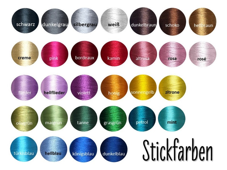 May include: A chart of 36 embroidery floss colours with German names. The colours are arranged in four rows of nine colours each. The colours include black, white, red, pink, blue, green, yellow, brown, and purple.