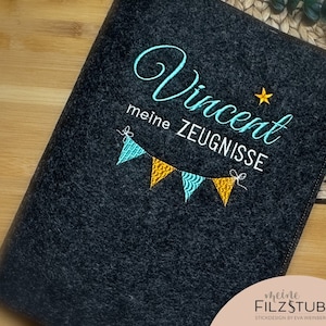 Zeugnismappe Wimpelkette Girlande Filz mit Name personalisiert Geschenk Einschulung Schulanfang Zeugnisordner für Zeugnisse Junge Mädchen