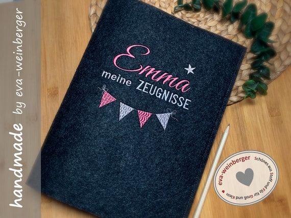 Zeugnismappe Wimpelkette Filz mit Name personalisiert Geschenk Schule Einschulung Schulanfang Zeugnisordner für Zeugnisse Junge Mädchen