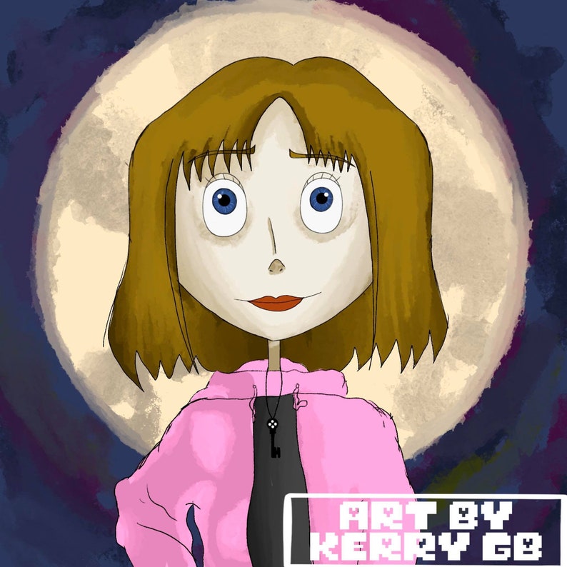 May include: Digital art portrait of a person with brown hair, blue eyes, and red lips, wearing a pink jacket. A key pendant hangs from a necklace. The background features a full moon and dark blue sky. The text "ART BY KERRY GB" is in the lower right corner.