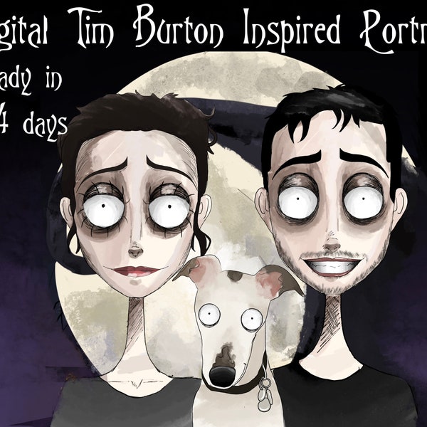 Digital Tim Burton Style Custom Portraits, nightmare portrait, tim burton style print, Wednesday, Addams family, gothic birthday gift, goth