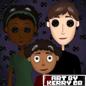 May include: Digital illustration of a family with button eyes, set against a purple background with button-like shapes. The family consists of a woman in green, a man in black, and a child in red. The text "ART BY KERRY GB" is in the bottom right corner.
