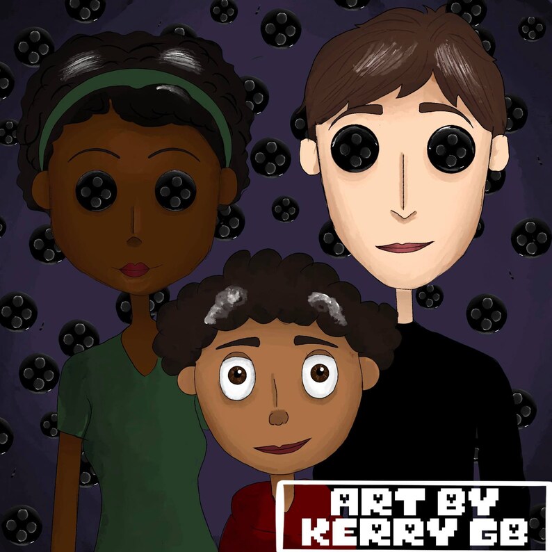 May include: Digital illustration of a family with button eyes, set against a purple background with button-like shapes. The family consists of a woman in green, a man in black, and a child in red. The text "ART BY KERRY GB" is in the bottom right corner.