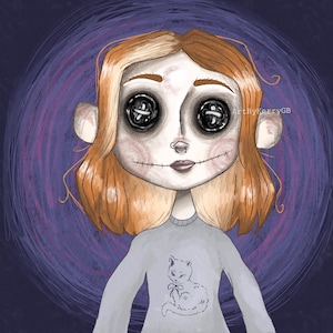 May include: Digital illustration of a girl with button eyes, stitched mouth, and orange hair. She wears a gray sweater with a cat graphic. The background is a swirling purple and blue design. The artwork is signed "ArtByKerryGB".