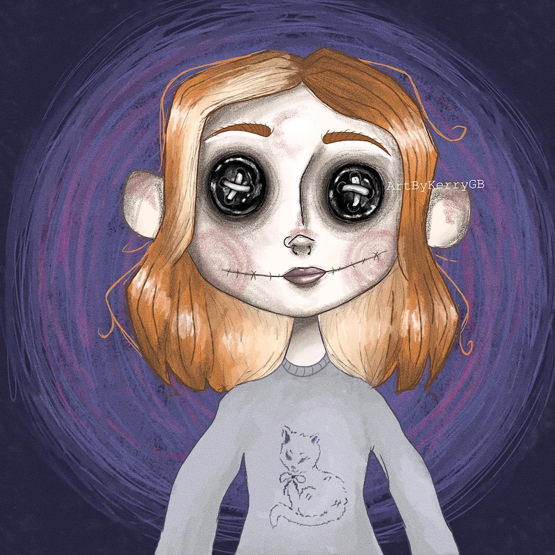 May include: Digital illustration of a girl with button eyes, stitched mouth, and orange hair. She wears a gray sweater with a cat graphic. The background is a swirling purple and blue design. The artwork is signed "ArtByKerryGB".