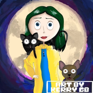 May include: Illustration of a girl with green hair, wearing a yellow jacket with a blue interior, and a key pendant. A black cat sits on her shoulder, and a brown dog is in the foreground. The background features a moon and dark blue and purple swirls. Text reads "ART BY KERRY GB".