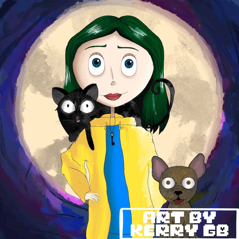 May include: Illustration of a girl with green hair, wearing a yellow jacket with a blue interior, and a key pendant. A black cat sits on her shoulder, and a brown dog is in the foreground. The background features a moon and dark blue and purple swirls. Text reads "ART BY KERRY GB".