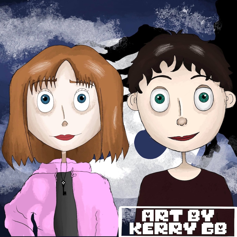 May include: Digital illustration of two cartoon figures with large eyes and simple features. One figure has brown hair and wears a pink jacket. The other has dark hair and a maroon shirt. The background is a dark blue and white abstract design. The text "ART BY KERRY GB" is in the lower right corner.