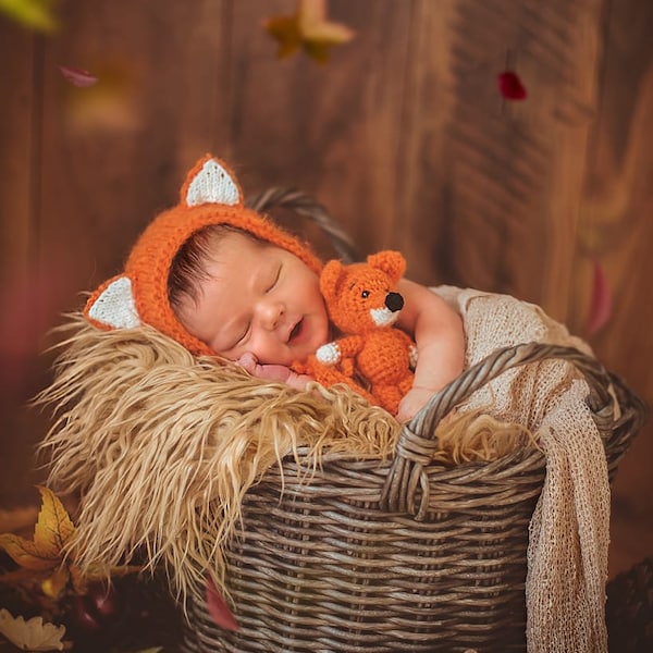 Fuchs Mütze gestrickt Newborn Props optional mit Kuscheltier gehäkelt Babyfotografie Neugeborenen Baby Outfit animal bonnet