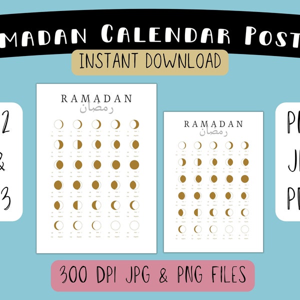 Calendario Ramadán 2025 imprimible Póster mural islámico A2 / A3 JPG PNG PDF