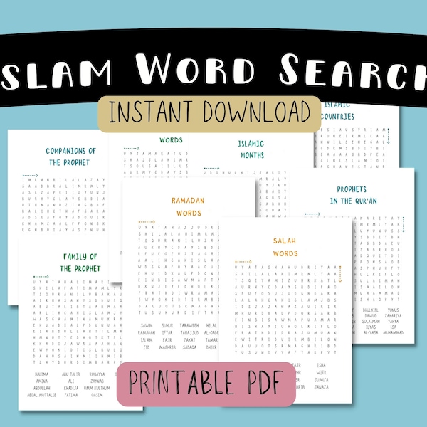Word Search Puzzles with an Islamic theme | Instant Download | 8 Printable PDF Pages