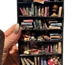 Könnte beinhalten: Ein schwarzes Miniatur-Bücherregal mit fünf Regalbrettern, gefüllt mit Miniaturbüchern, einer kleinen Topfpflanze, einem dekorativen Globus und anderen Miniaturgegenständen.