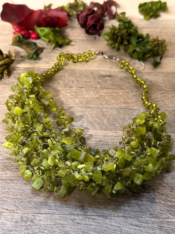 Peridot beaded multi strand necklace, Ritual necklace, Vintage, Witchcraft, Wiccan, Wicca, boho, gifts for her, high priestess