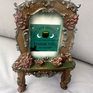 Altar stand ornament picture frame with engraved, appliqué shelving display. Gifts for her, witchcraft, altar offering, wiccan, witchcraft