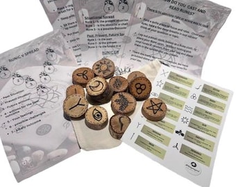Witches Runes stones, Hand painted set of 13 piece set with instructions, Runes, divination, spell casting, witch. Oak wood