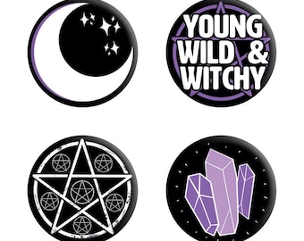 Lovely Witch badge, badges, witch button badges, 4 designs, button badges, handmade item, jacket, hats, caps, bags, wiccan badges, witch
