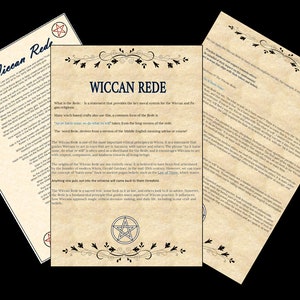 May include: A close-up of a document with the text "Wiccan Rede" in a decorative font. The document is printed on parchment-like paper and features a pentacle symbol at the bottom. The text discusses the Wiccan Rede, a statement that provides the key moral system for Wiccans and Pagans.