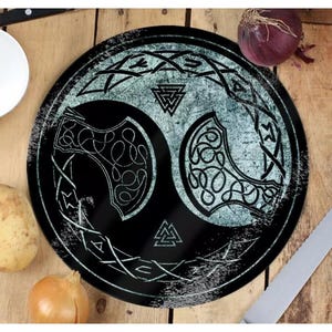 Glass board - Viking Ying/Yang Circular Glass Chopping Board, witches kitchen, home decor, chopping board, glass chopping board, pagan image 1