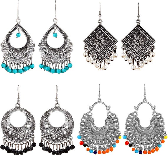 ZIKU JEWELRY Long AFGANI Bohemian Tribal Oxidized Silver Beaded Drop Earring for Women /& Girls