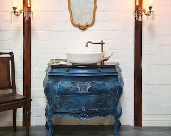 Waschkommode im nostalgischen Blauton mit Keramikwaschbecken, Waschbeckenunterschrank mit Schubladen
