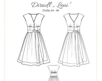 May include: A black and white line drawing of a dirndl dress pattern. The pattern is for a dress with a V-neck, sleeveless bodice, and a full skirt. The text "Dirndl "Leni" Größe 34 - 46" is included in the image.