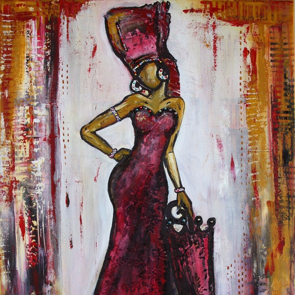 BURGSTALLER Original Gemälde Acryl Bild Frau rotes Kleid mit Dekosteine 80x100cm - Acrylmalerei und figürliches Wandbild - 100% handgemalt