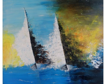 Wandbild Segelboote gemalt Regatta Bild Boote auf Leinwand 80x80cm, Maritime Malerei, blau, gelb, Kunstbild Original Gemälde
