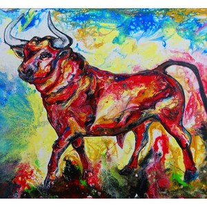 Aurelio: Toro dipinto astratto dipinto di rosso e giallo, toro dipinto 130x90 - dipinto originale dipinto a mano su tela e montato su telaio