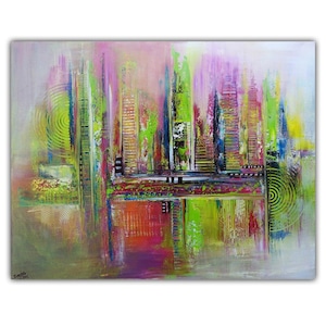 Primavera - dipinto originale astratto verde rosa acrilico dipinto unico 100x80 - dipinto originale dipinto a mano su tela