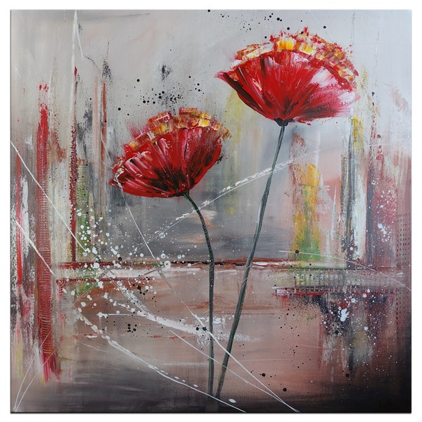 Tableau coquelicot rouge gris 100 x 100 cm, peinture fleur moderne sur toile à l'acrylique, peinture fleur coquelicots rouges