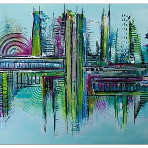 BURGSTALLER Quadro da parete astratto blu petrolio verde 80 x 40 cm - dipinto astratto originale - dipinto acrilico dipinto a mano direttamente dall'artista