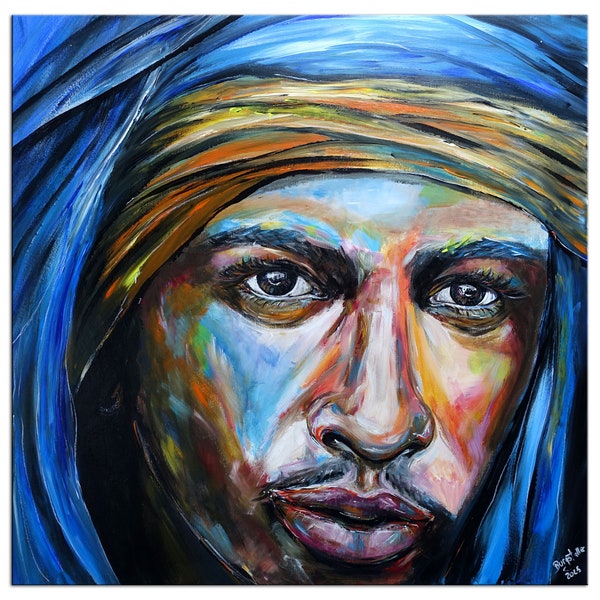 Peinture tuareg peinte à la main, visage d’homme bédouin, turban bleu portrait touareg, visage homme art photo peinture acrylique 80x80