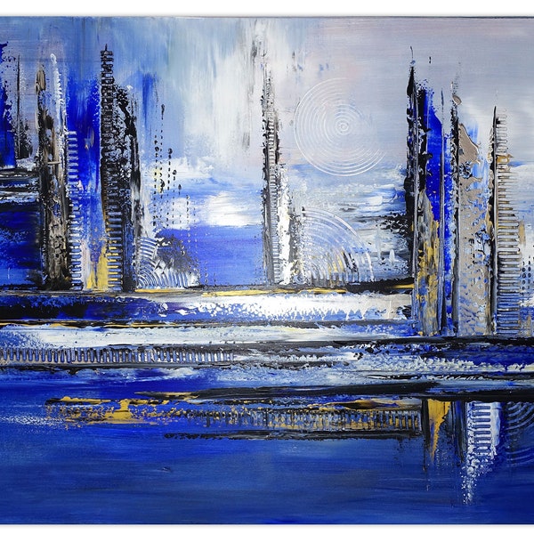 BURGSTALLER Tableau de bureau abstrait peint à la main bleu argent - Art moderne sur toile 116 x 81 cm - Peinture acrylique originale et unique