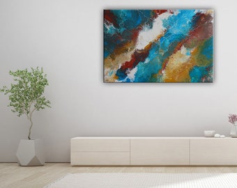 Leinwandbild blau braun beige abstrakt, blaues Wandbild abstrakt, Original Acrylbild Gemälde 100x65cm, Abstrakte Kunst Bilder