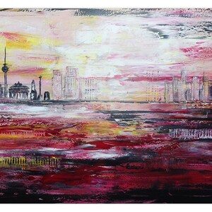 Quadro sullo skyline di Berlino astratto dipinto a mano in acrilico 140x80 cm - dipinto originale dipinto a mano su tela e montato su telaio
