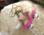 Earrings, flowers, vintage, bronze, yellow, pink, Luci, glass beads, romantic, playful