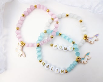 Bracciale per bambini 1 pezzo, unicorno, rosa, bianco, grigio viola, blu o turchese, perline cat eye, perline di metallo, nome desiderato, personalizzabile, ragazze