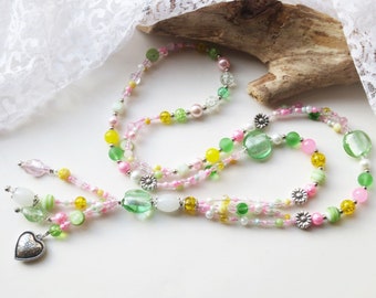 Long chain, Y chain, necklace, double row chain, green, pink, white, yellow, silver, silver foil, glass beads, spring, unique, 57 cm