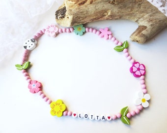 Necklace for children, children's necklace made of wooden beads, spring, summer, flowers, flower meadow, pastel colorful, pink, elastic, desired name