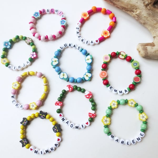 1 piece of colorful children's bracelet with name, name bracelet, wooden beads, customizable, polymer clay beads, fruit, flowers